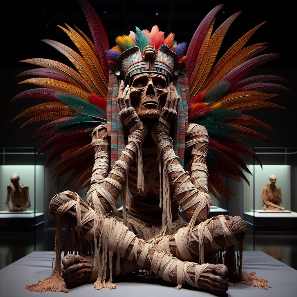 Ancient Mummy with Feathered Diadem in Museum