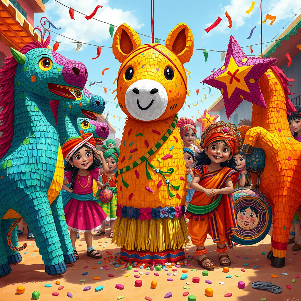 Joyful Fiesta: Children Celebrate with Piñatas in Folk Art S...