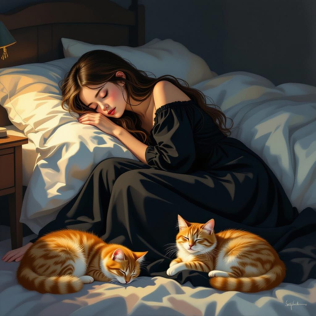 Girl Sleeps with Cats: Realistic Gothic-Style Portrait