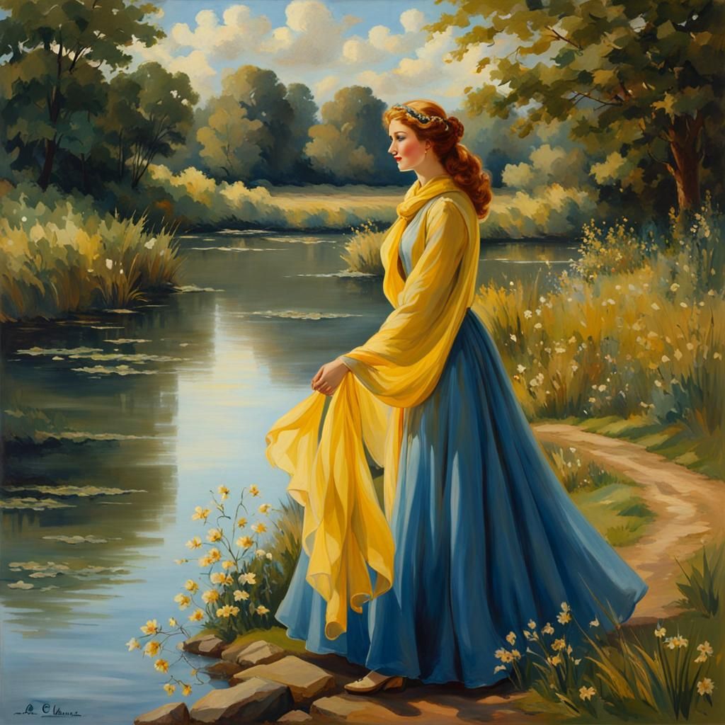 Woman at Riverbank in Tarot Card Style