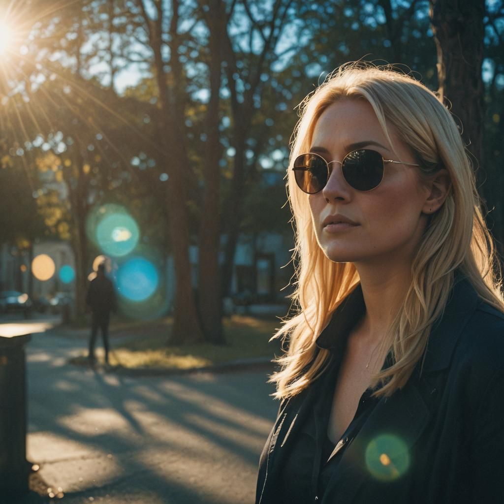 Blonde women 35 years wearing sunglasses in dark clothes wit...