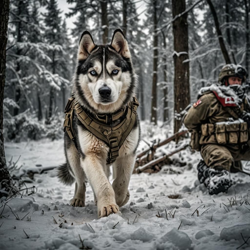 Hyperrealistic Husky with Soldier in Atmospheric Portrait
