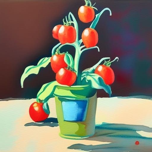 Tomato Plant in Gouache Watercolor Style