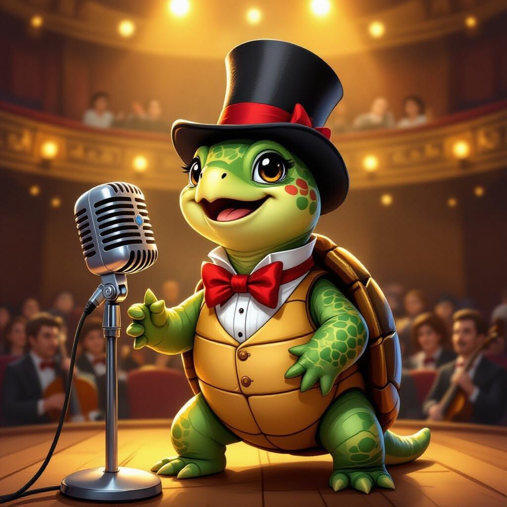 Turtle Singer in Concert Hall, Whimsical Digital Art