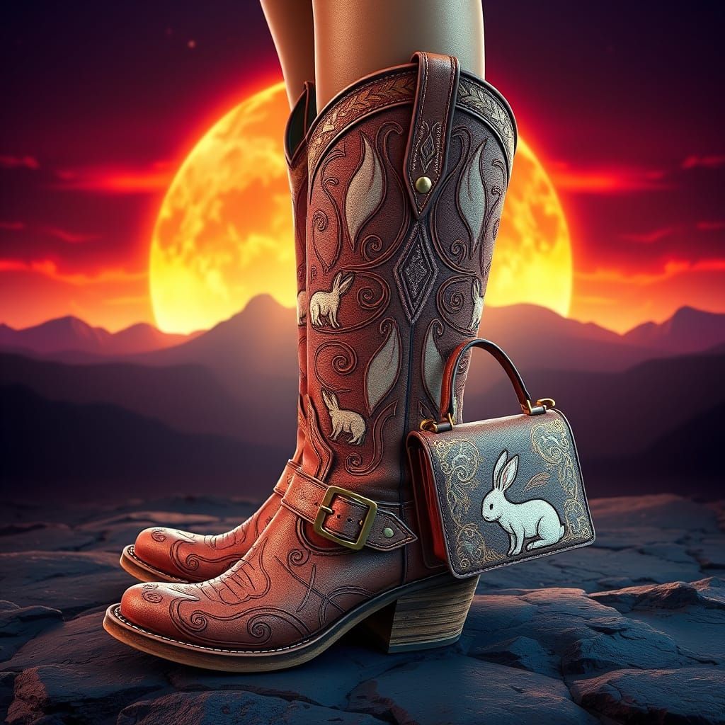 Anime Cowgirl Boots with Whimsical Rabbit Embroidery