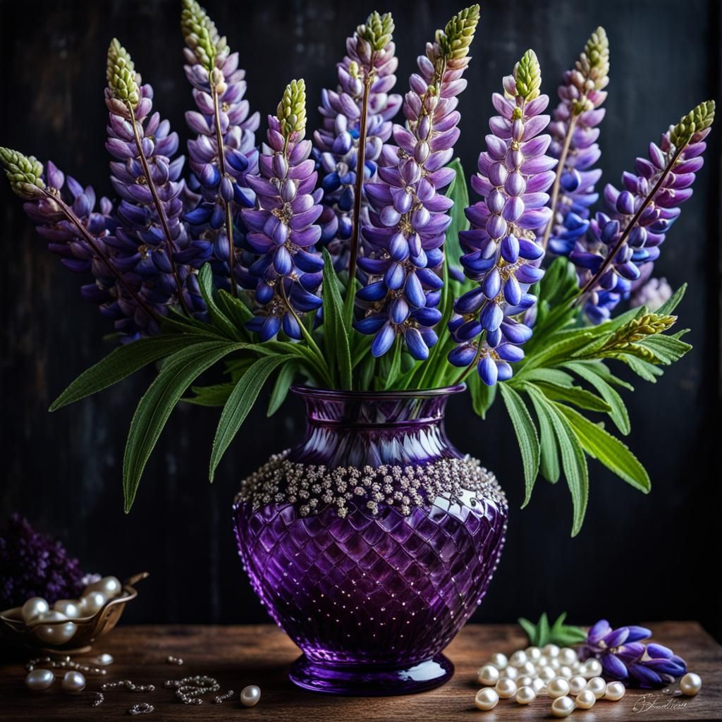 Ornate Purple Vase of Lupins in Hyperrealism