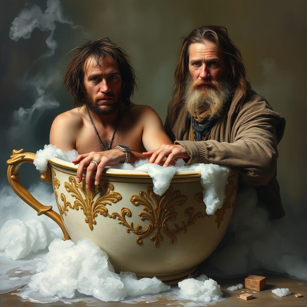 Men Bathe in Cup: Brut Modern Oil Painting