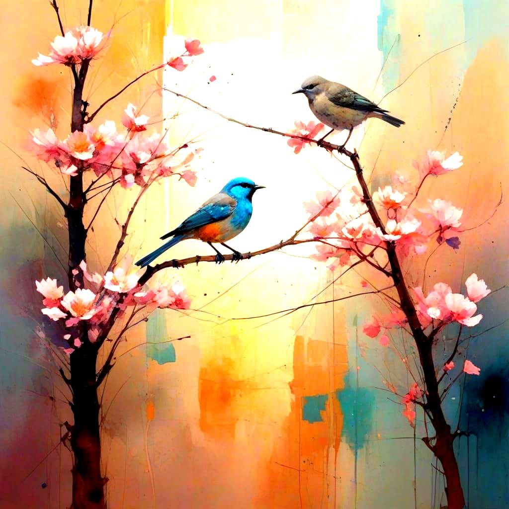 Mixed Media Art of Blossoming Tree with Expressive Brushstro...