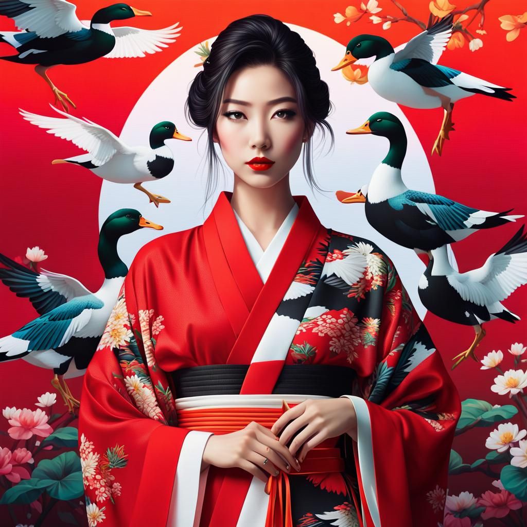 Japanese Woman in Red Chiffon Kimono: Hyperrealistic Anime A...