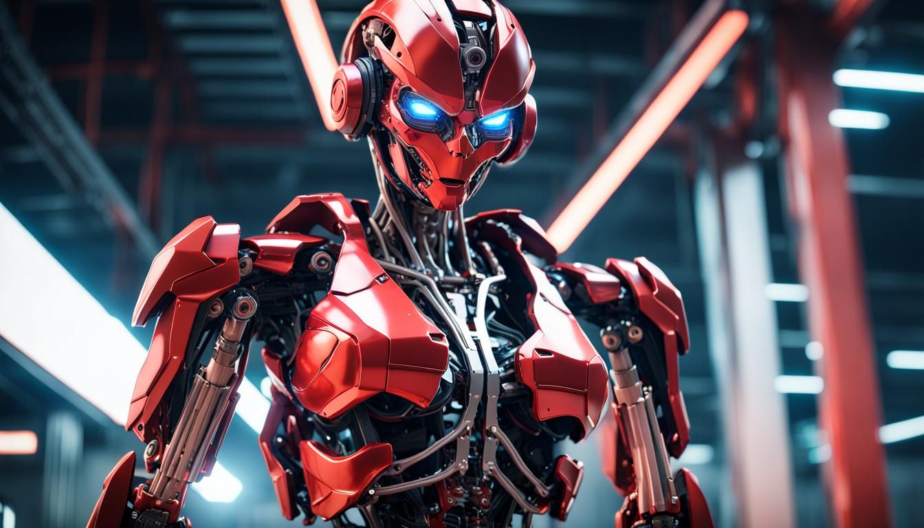 Red Cyborg T-Pose in 80s Anime Style