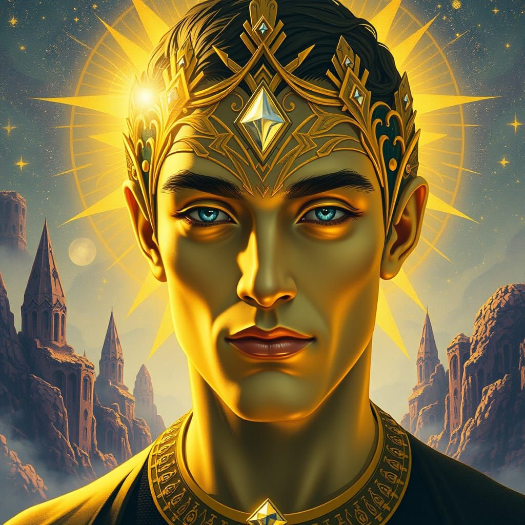 Magical Golden Man with Diamond Eyes in Art Nouveau Style
