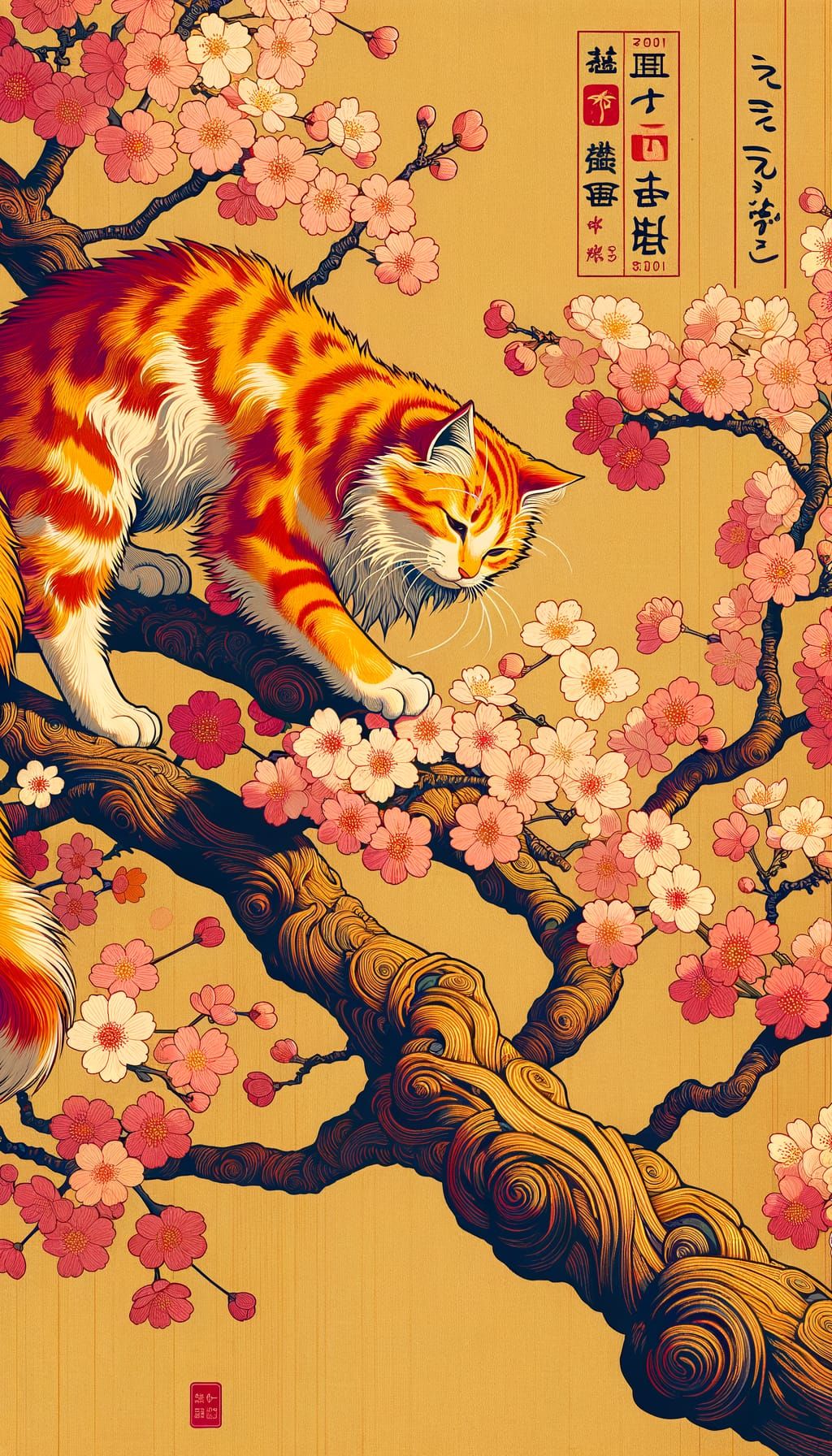 Golden Cat Climbing Cherry Blossoms in Japanese Print Style