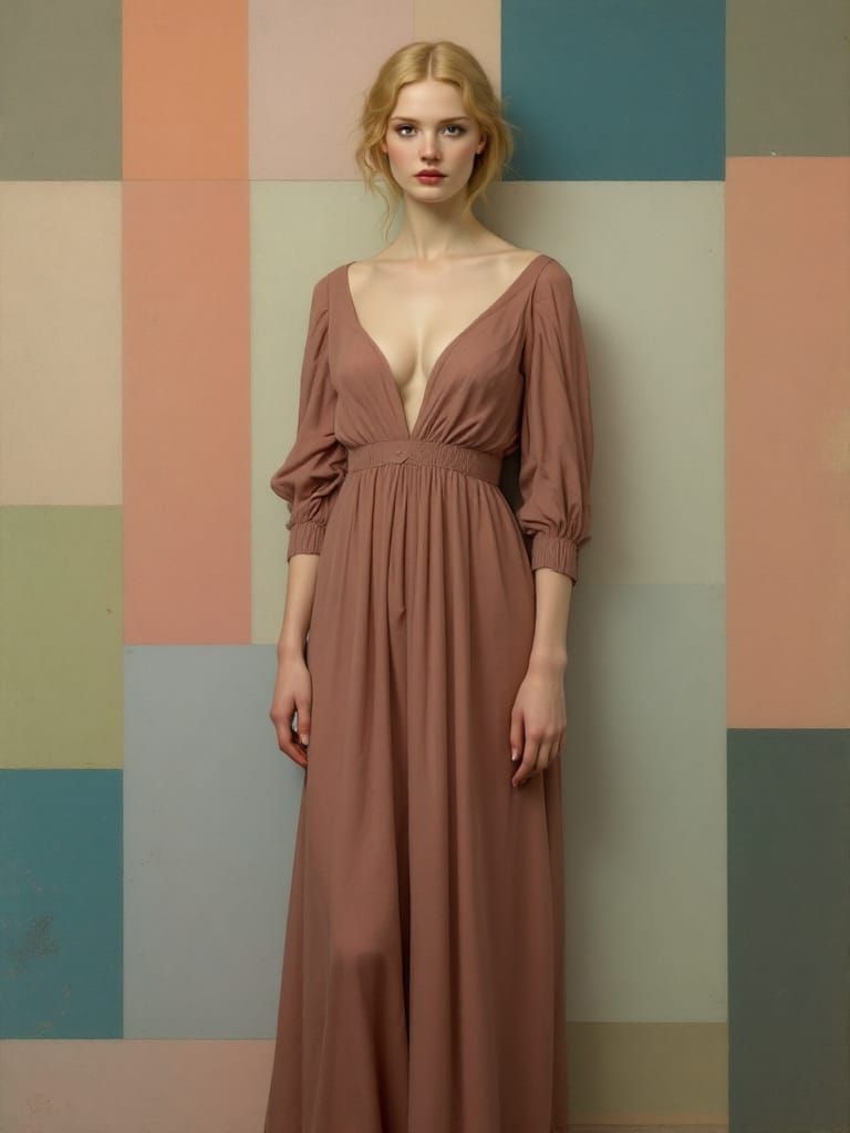 Blonde Pin-Up with Pink Hair in Contemplative Style