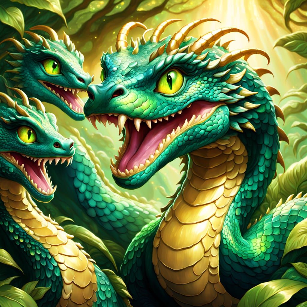 Happy Hydra Smiling in Vibrant Fantasy Art