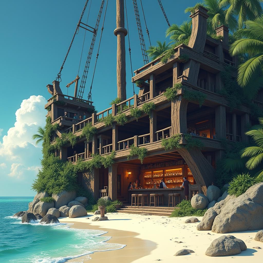Shipwreck Tavern on Tropical Beach, Digital Art
