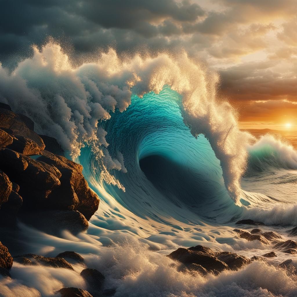 Bioluminescent Wave Crashing: Hyper-realistic Digital Art