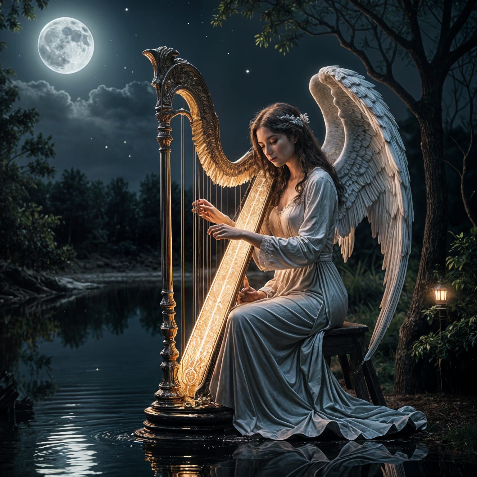 Angel of Death Plays Magical Harp Under Moonlight