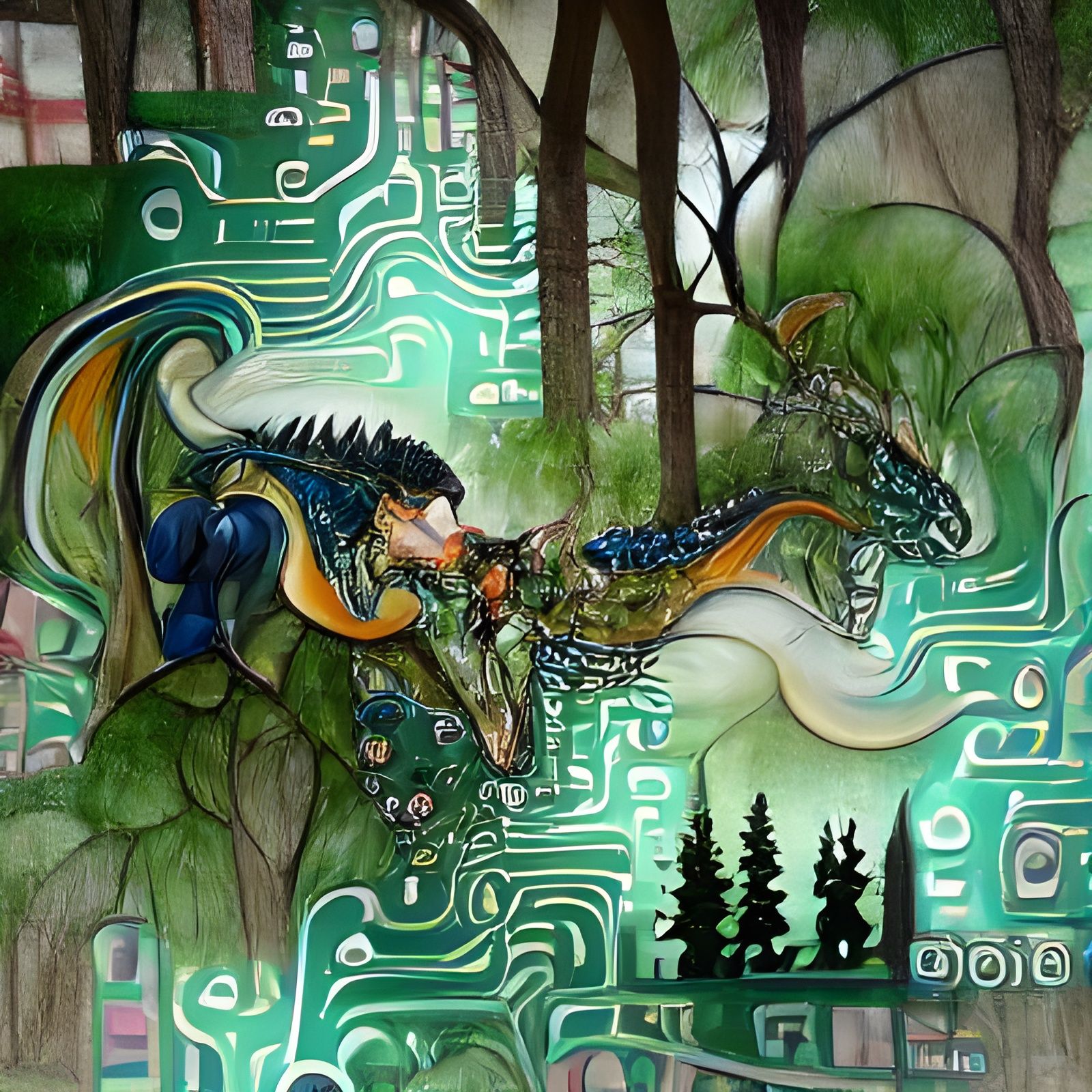 Dragon Devouring Cyber-Androids in Steampunk Forest