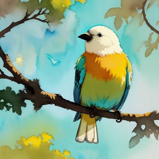 Happy Bird on Branch Watercolor Illustration
