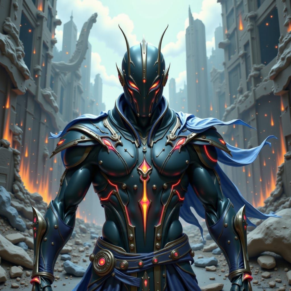 Futuristic Warriors Guard Ruined City in Cinematic Style