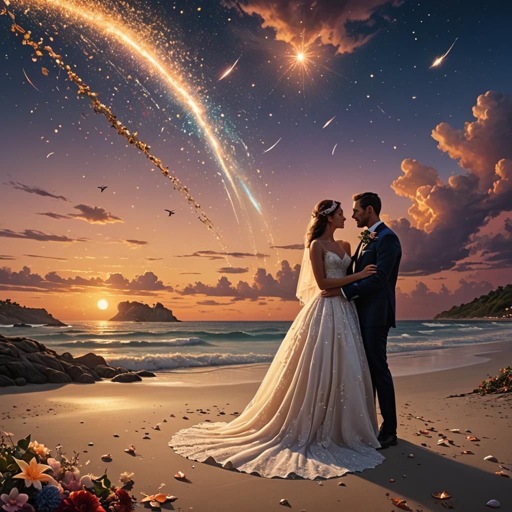 Beach Wedding Under a Shooting Star, Detailed Painting