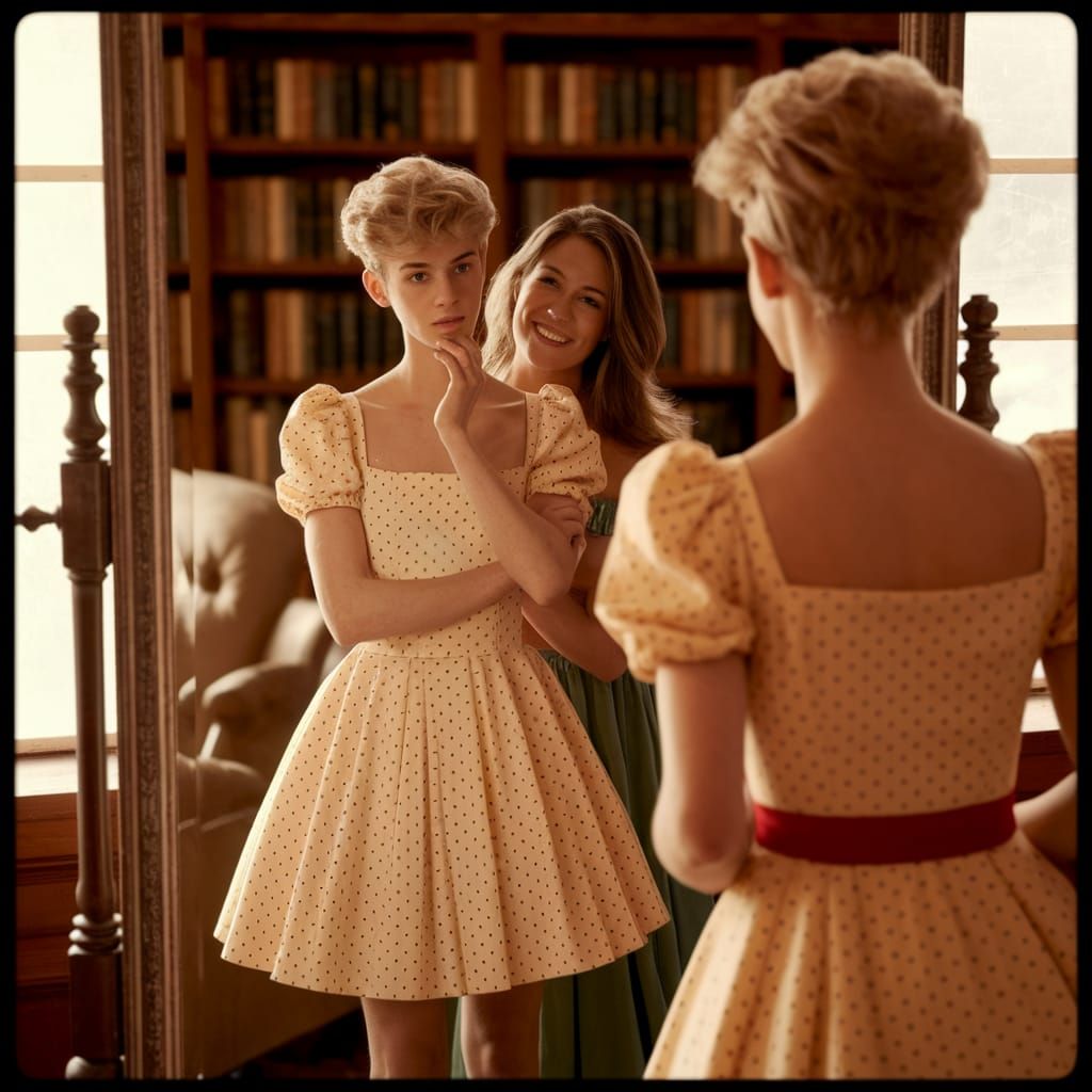 Young Man Crossdressing in Minidress Reflects in Mirror