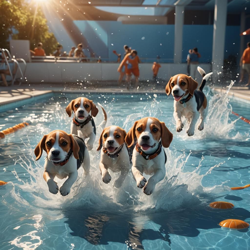 Beagle Puppies Race Across a Swimming Pool