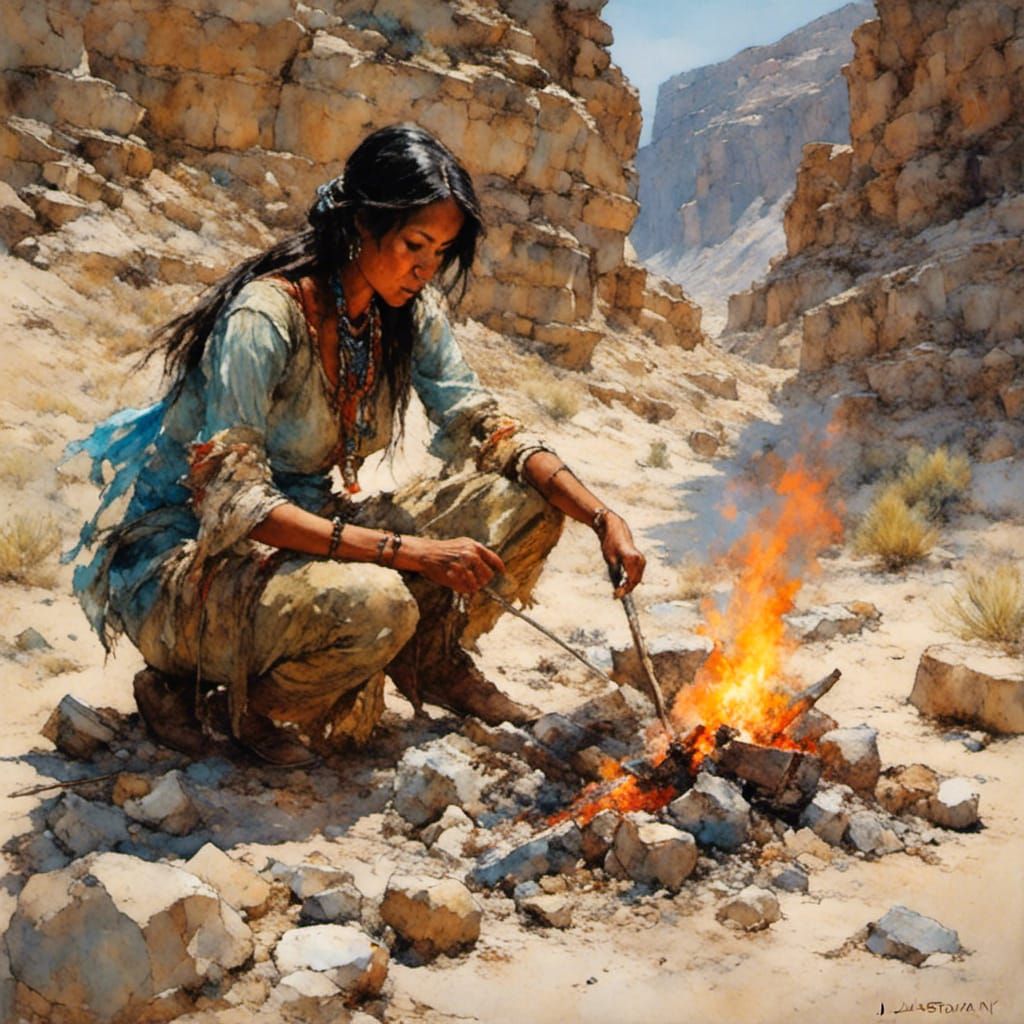 Native American Woman Campfire: Oil Painting