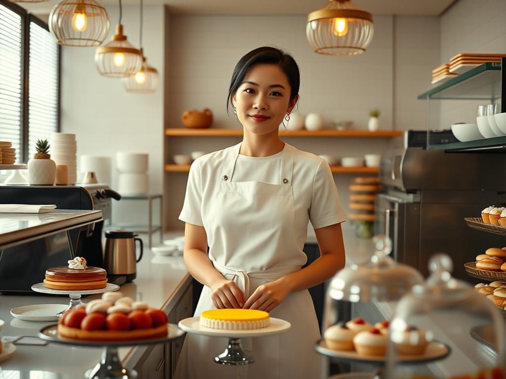 Elegant Bakery Interior with Chinese Lady Boss: Cinematic St...