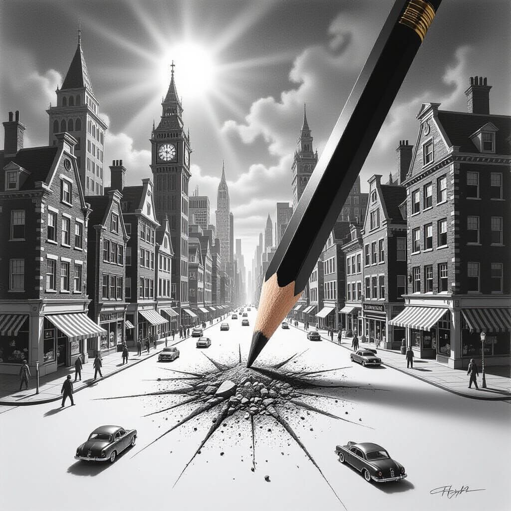 Surreal Graphite Drawing of Busy Town