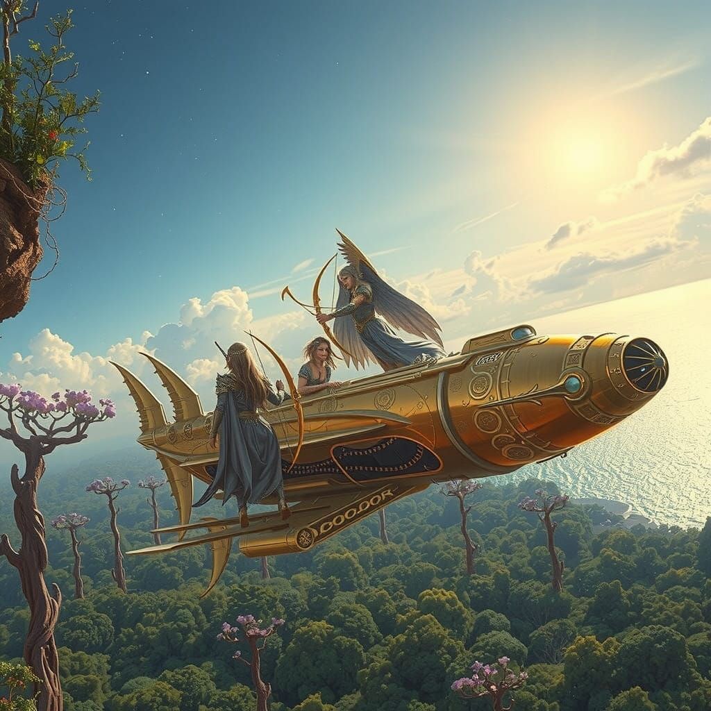 Majestic Golden Airship Soars Over Vibrant Fey-Wild
