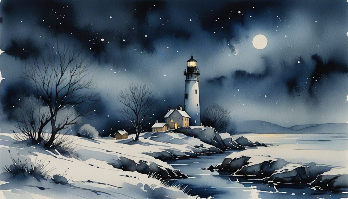 Ethereal Watercolour Lighthouse Under Starry Night Sky