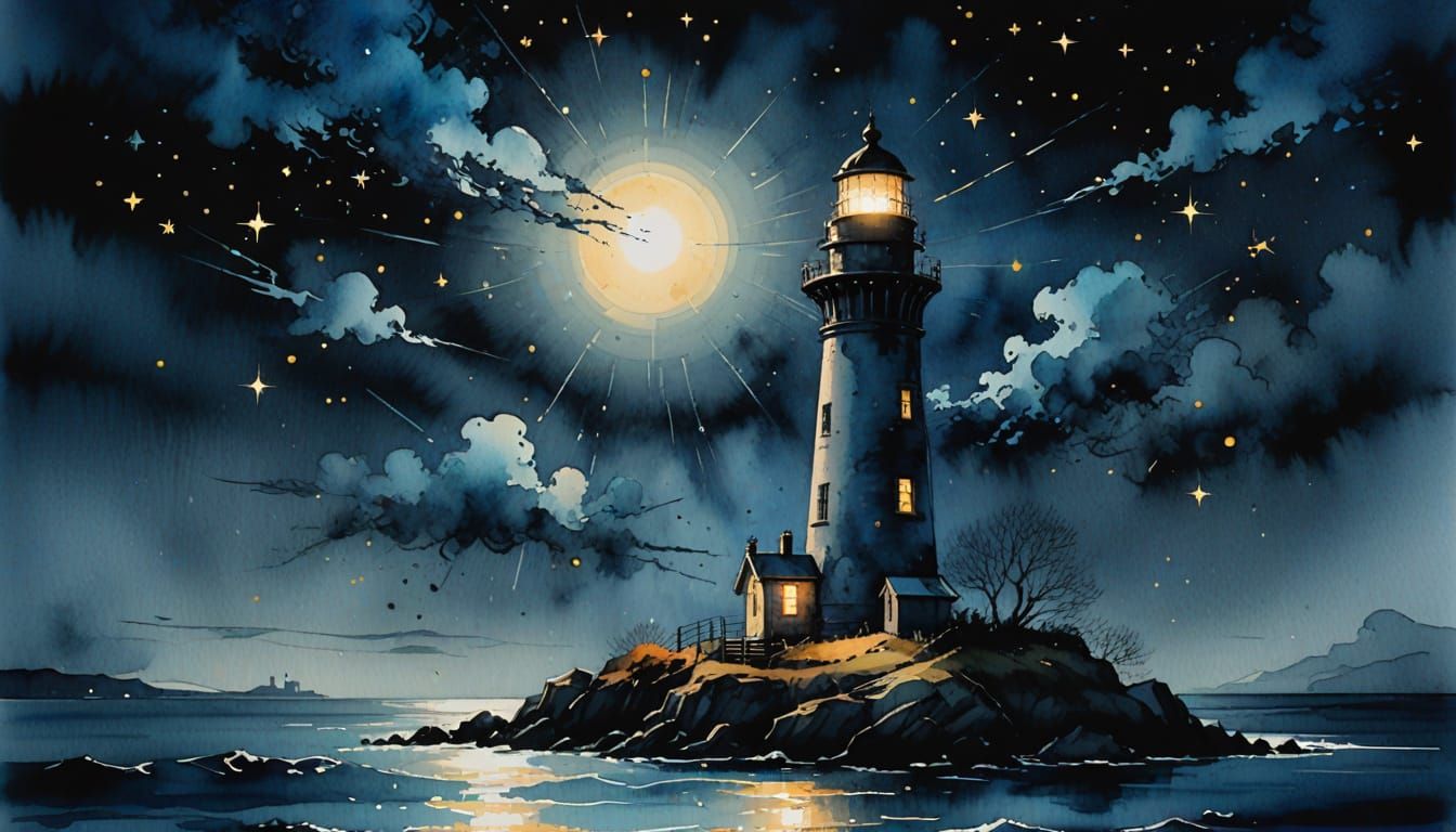Ethereal Lighthouse in Midnight Blue Hues