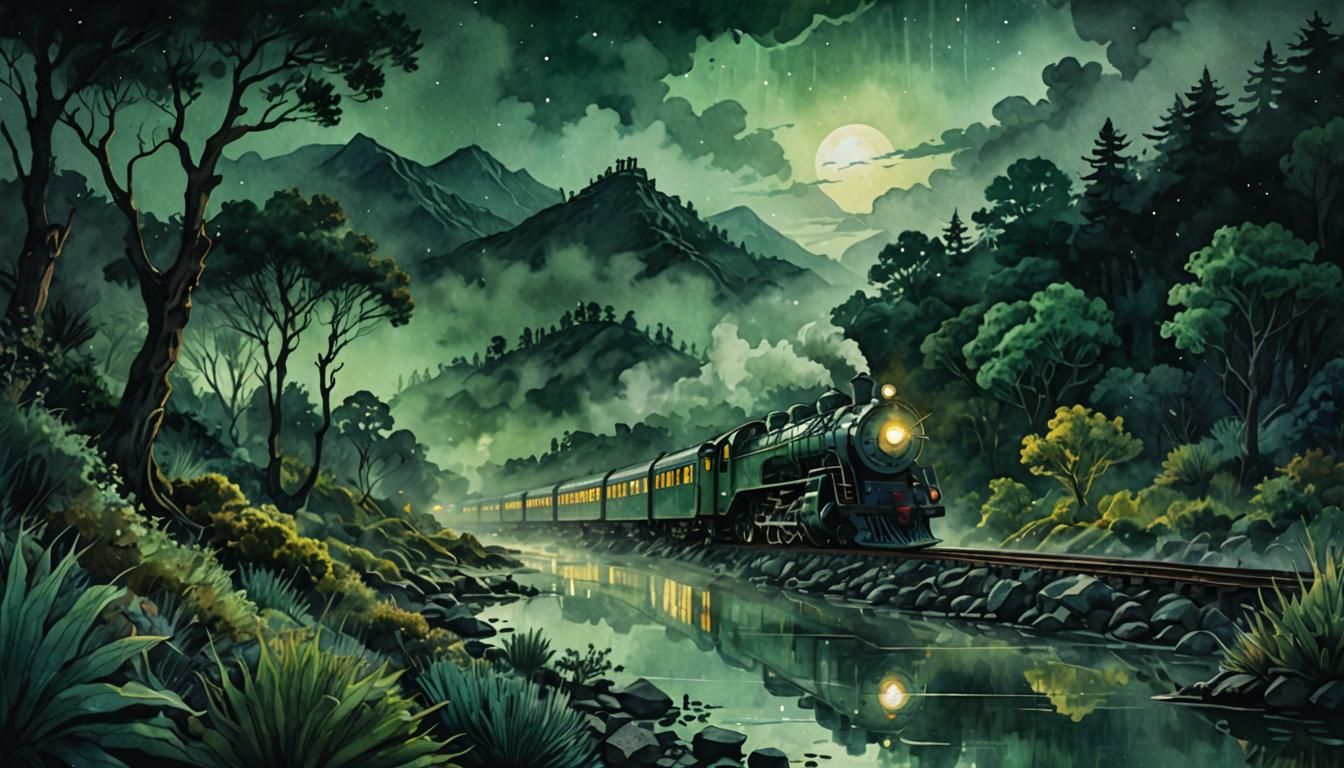 Fantasy Train Glides Through Viridian Watercolor Landscape