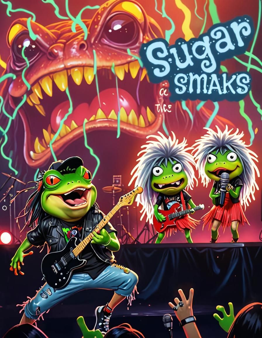 Heavy Metal Frog Rockstar with Backing Tadpoles in Neon Aren...