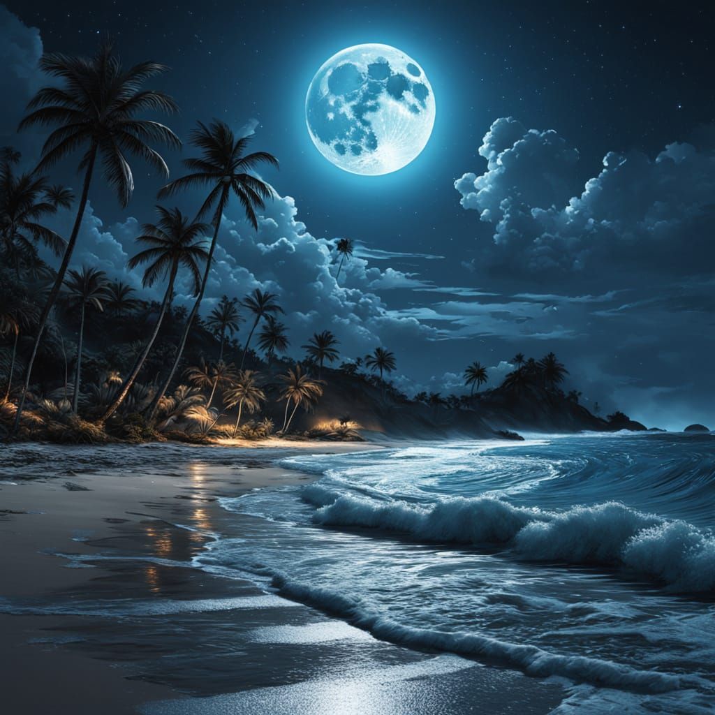 Moonlit Bioluminescent Beach at Night
