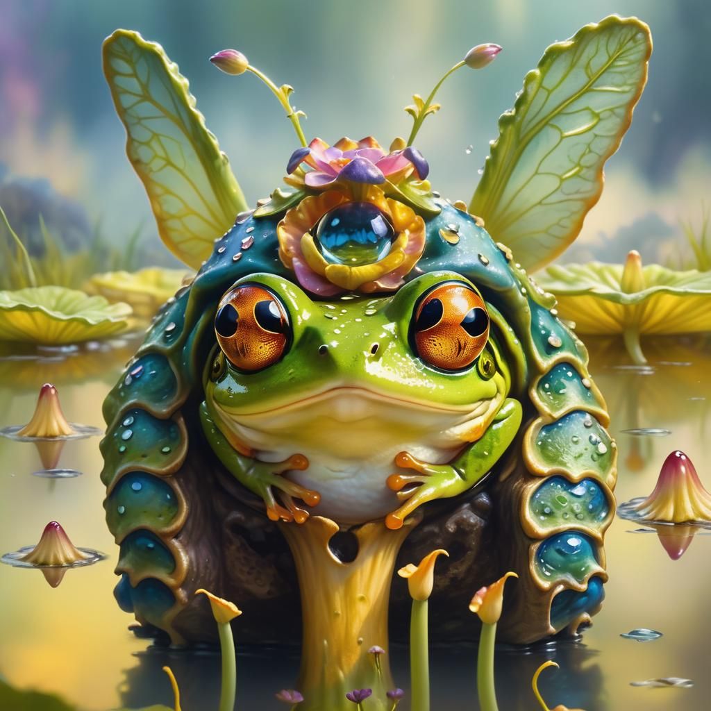 Magical Frog in Secret Garden, Thomas Kinkade Style