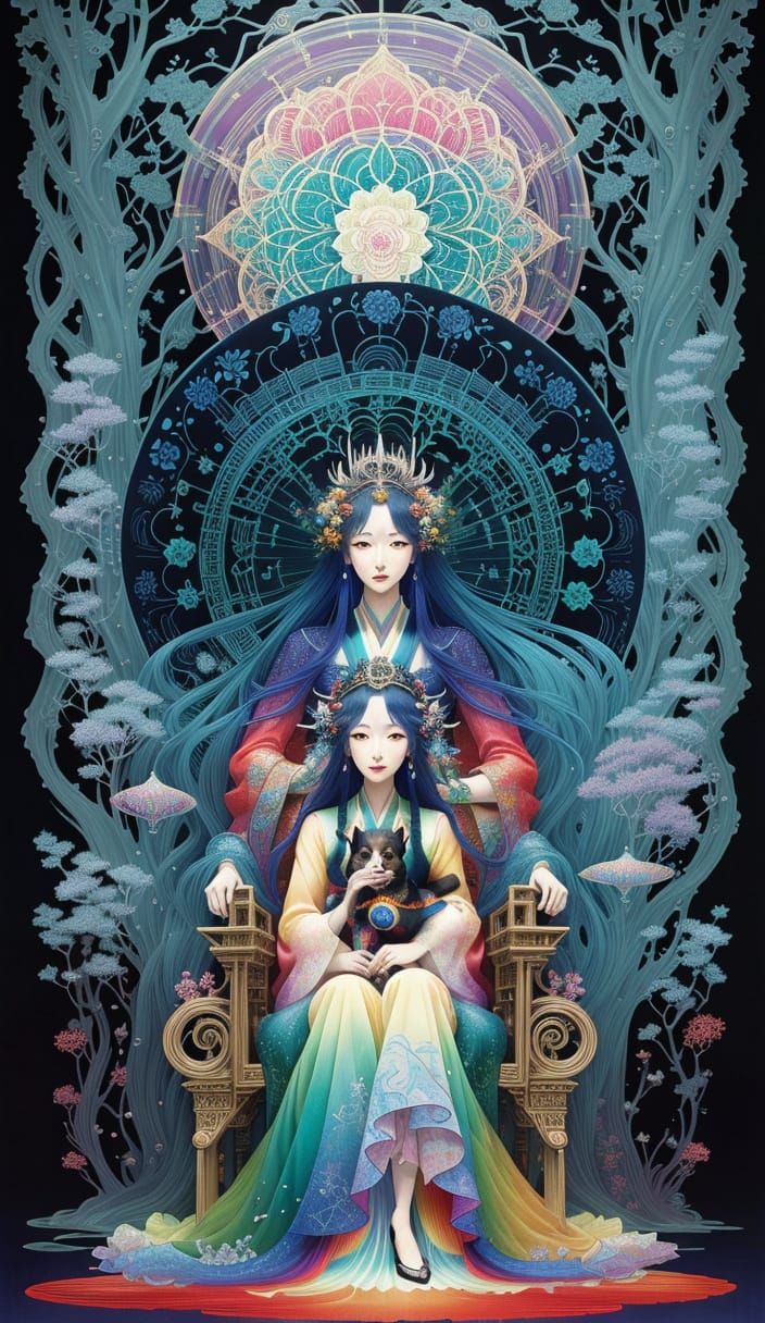 Woman in Rainbow Gown with Dog in Surreal Setting