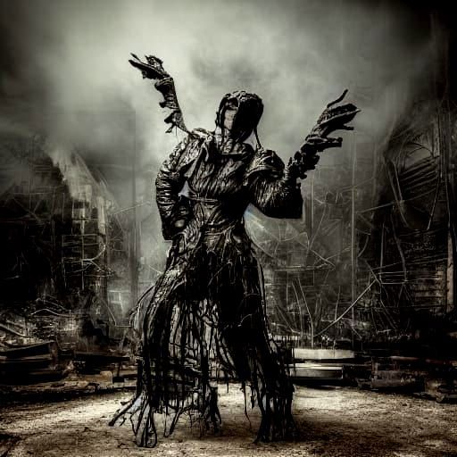 Goth Model Sculpting Abstract Iron Figures in Fiery Haze