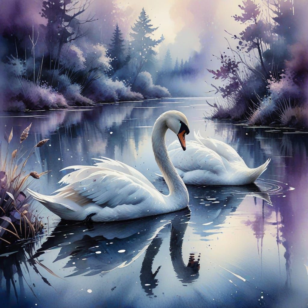 Ethereal Moonlit Lake Scene in Watercolour Style