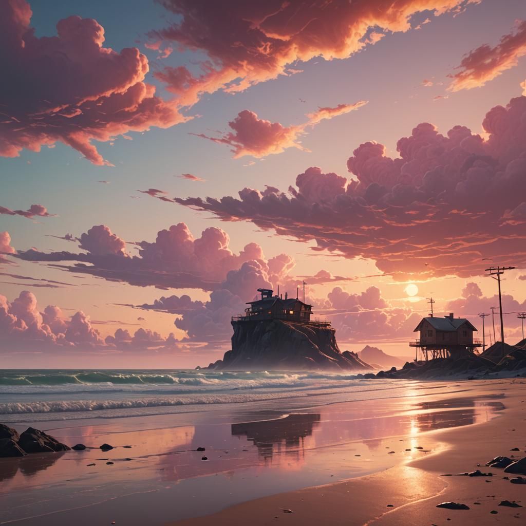 Serene Sunrise on Empty Beach: Cinematic Digital Painting