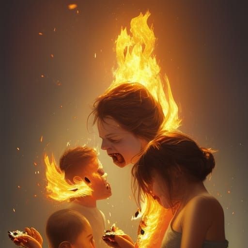Burning Family Enjoying Corn: Hyperdetailed Artstation Portr...