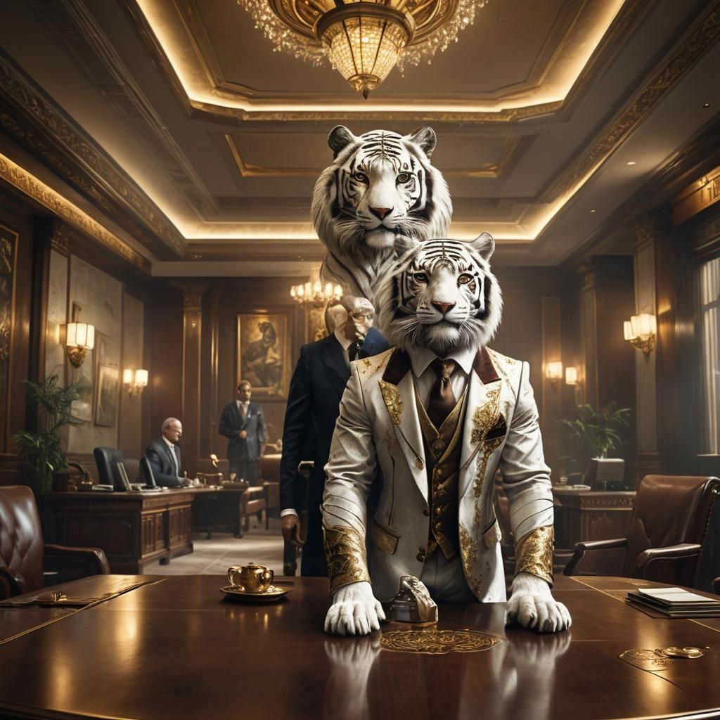 White Tiger CEO in Luxurious Boardroom: Fantasy Art