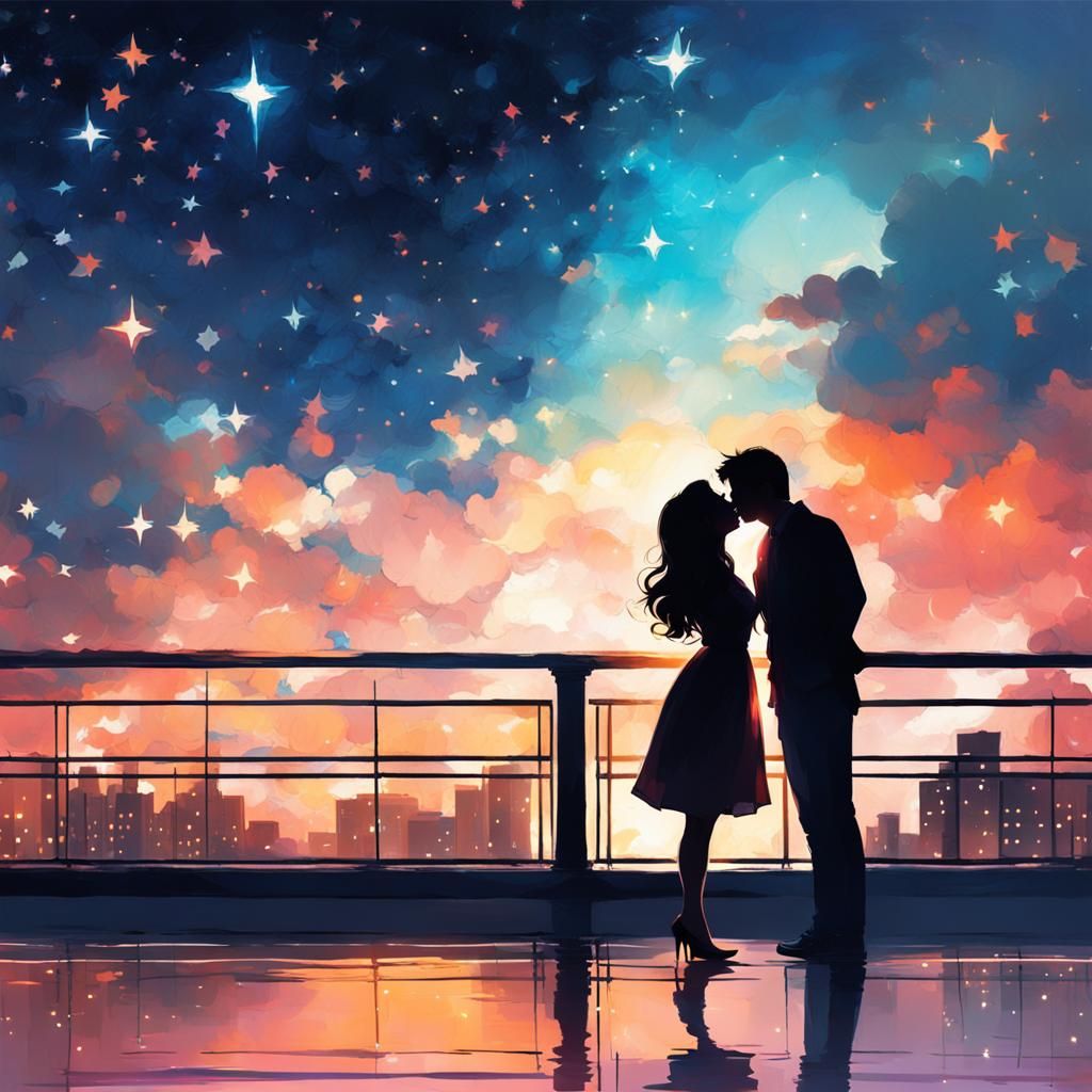 Lovers' Kiss Under Starry Lights: Digital Art