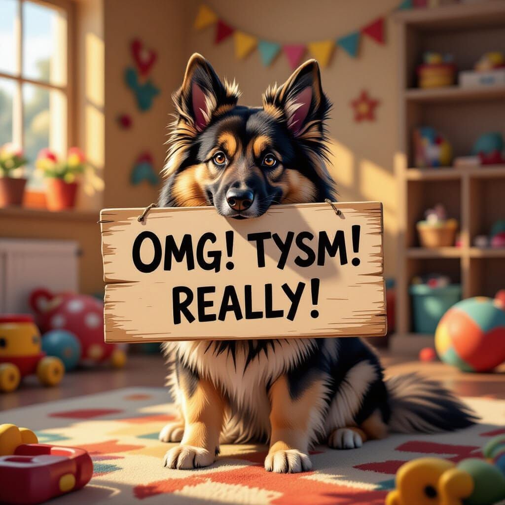 Cute Fluffy German Shepherd Holds "OMG! Tysm! Really!" Sign