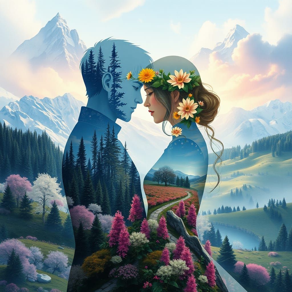 Winter and Spring Couple in Dreamlike Double Exposure