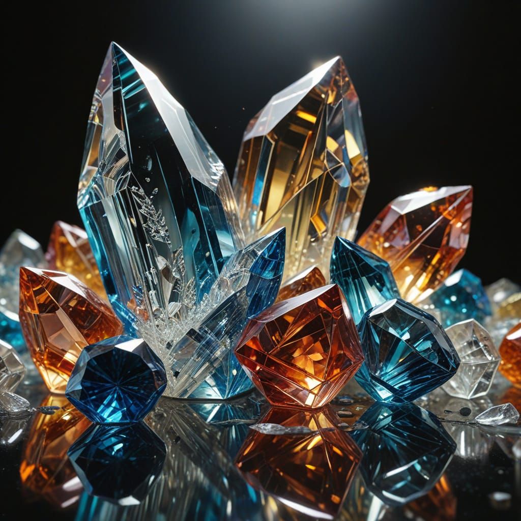 Glass Sculptures Reflecting Light in Oil Painting Style