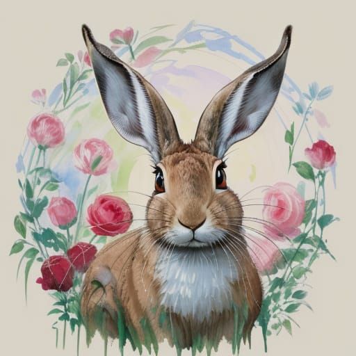Hare Among Roses in Epic Impressionist Style