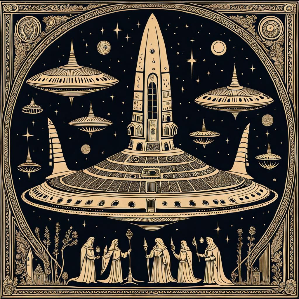 Medieval Alien Family and Spaceship Illustration