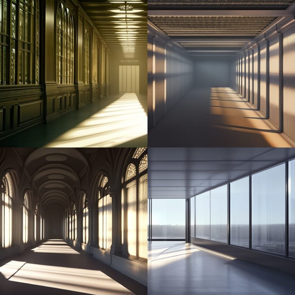 Sunlit Empty Hallway in Digital Matte Painting Style